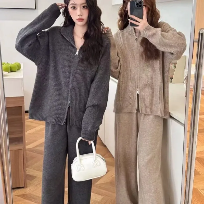 

Женский осенне-зимний повседневный свитер на молнии, кардиган, широкие брюки, костюмы из двух предметов, женские повседневные однотонные трикотажные наряды с джокером