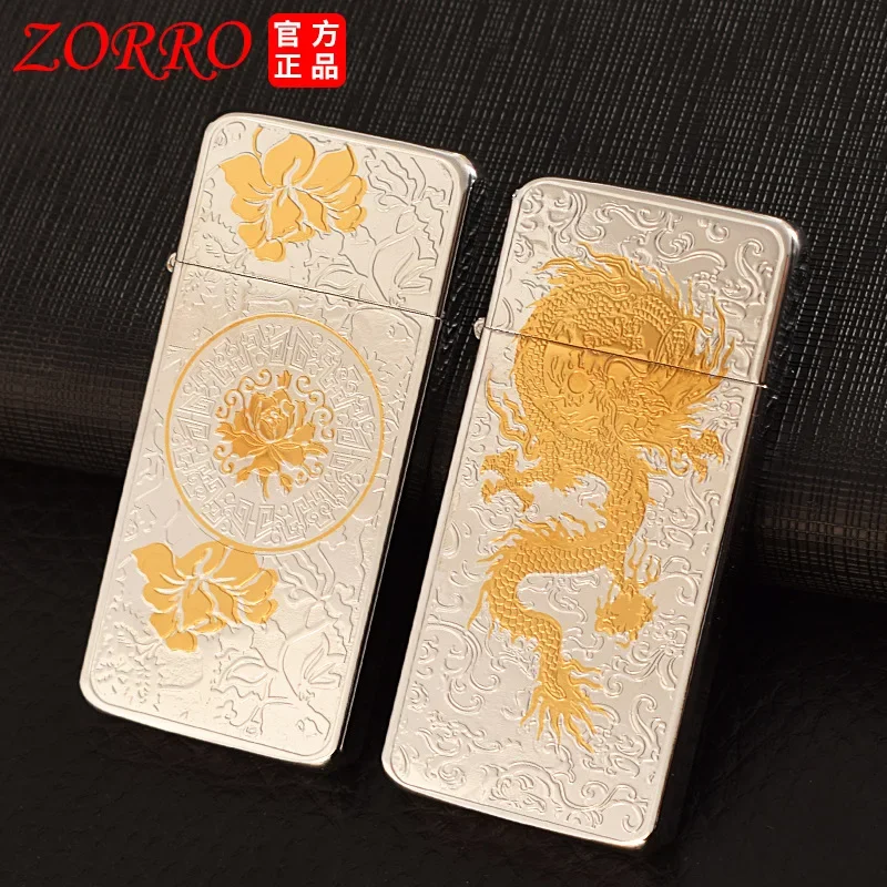 ZORRO Retro Ultra-thin Lucky Tang Grass Windproof Kerosene Lighter Grinding Wheel Ignition Portable Lighters Smoking Men's Gifts