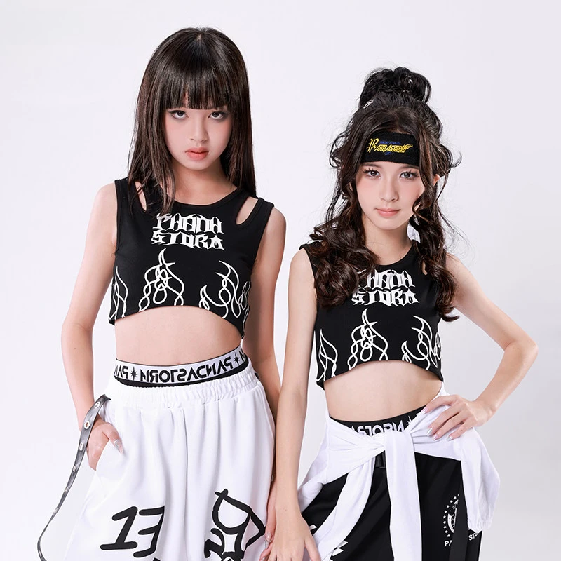 

New Girls Jazz Dance Costume Summer Kpop Modern Dance Performance Clothes Sets Crop Tops Baggy Pants Hip Hop Cheerlead Dancewear