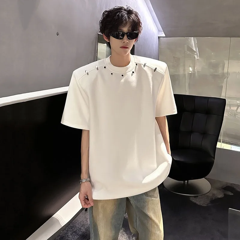 Men's New Casual Crew Neck Short Sleeve Metal Buckle Decor Trendy Versatile Slim Fit Daily Commute Streetwear Breathable T-Shirt
