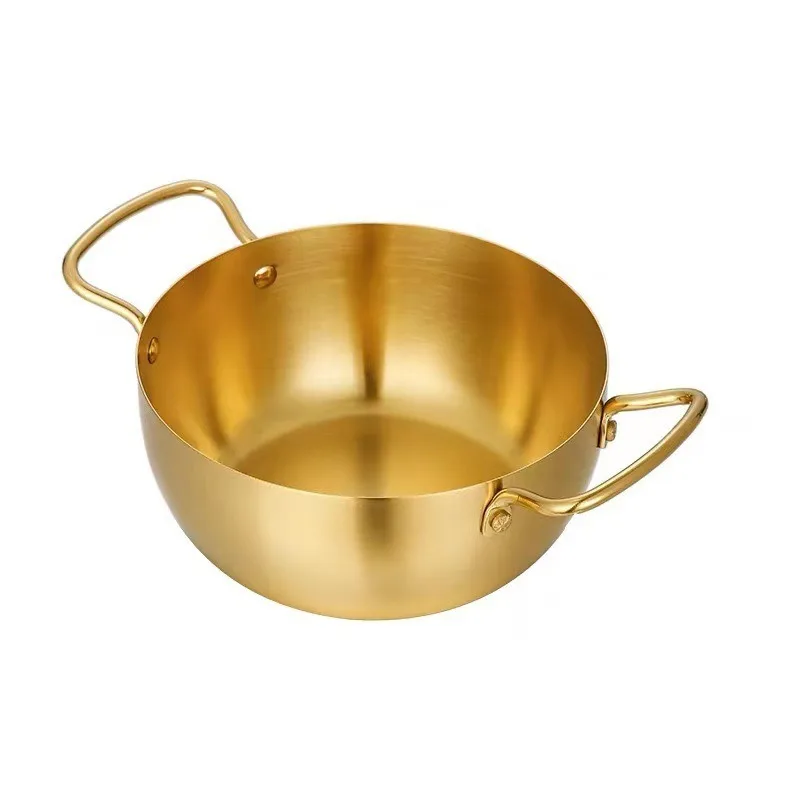 High quality Korean silver gold stainless steel double handle noodle soup cooking pot mini hot pot casserole