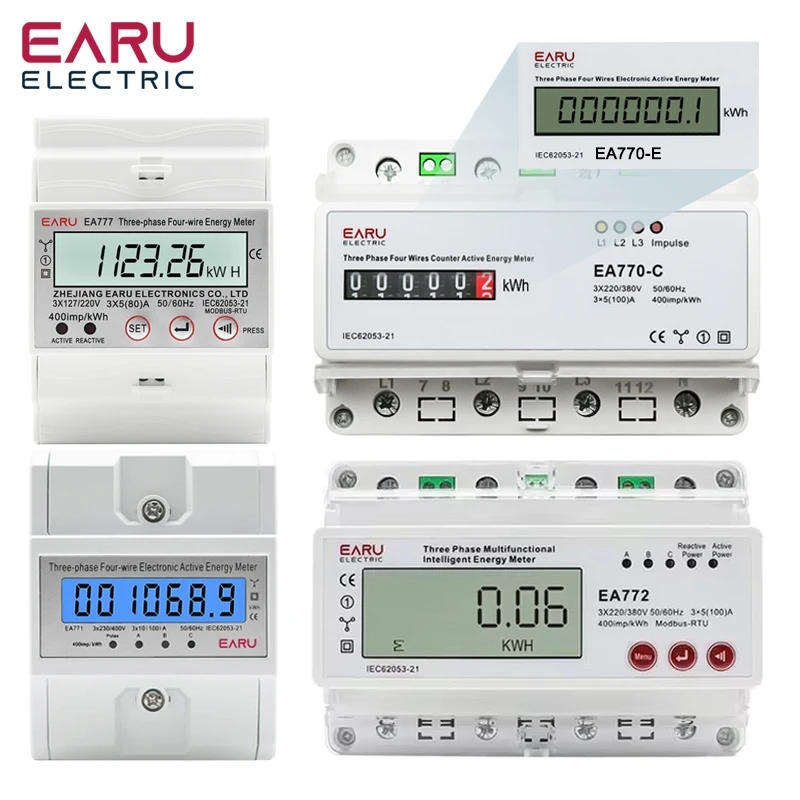 Three Phase Four Wires Eelectronic Active Energy Meter kWh Power Consumption Monitor DIN Rail 50/60Hz 3*5(100)A 50/60Hz  LCD LED