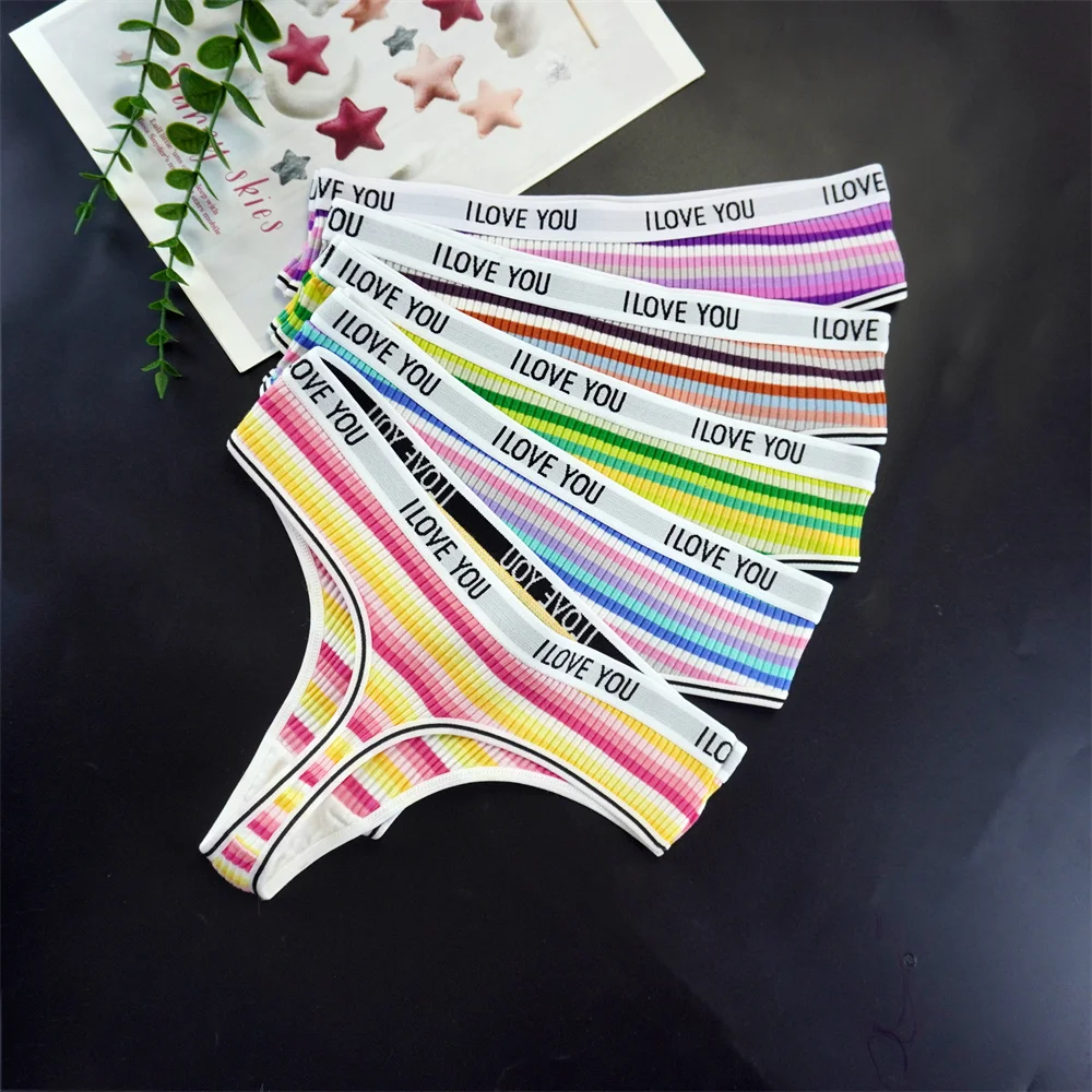 3pcs Rainbow Striped Women's Panties Seamless Ribbed Cotton Thongs Letters Waist Underpants Comfortable G-Strings Cozy Lingerie