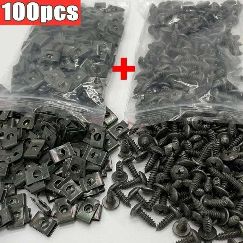 100/10pcs Mixed Car Motorcycles Metal Screw Tapping Fastener Clip U-Type Clip with Screw Anti-rust Protection Clip Screw Buckle