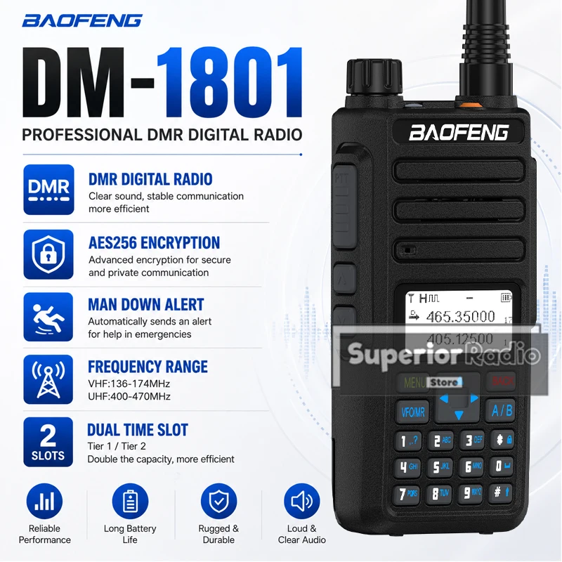 Baofeng DM-1801 DMR Digital Walkie Talkie AES256 Man Down Seamless Roaming Dual Time Slot SMS Dual Mode Upgraded Version DR-1801