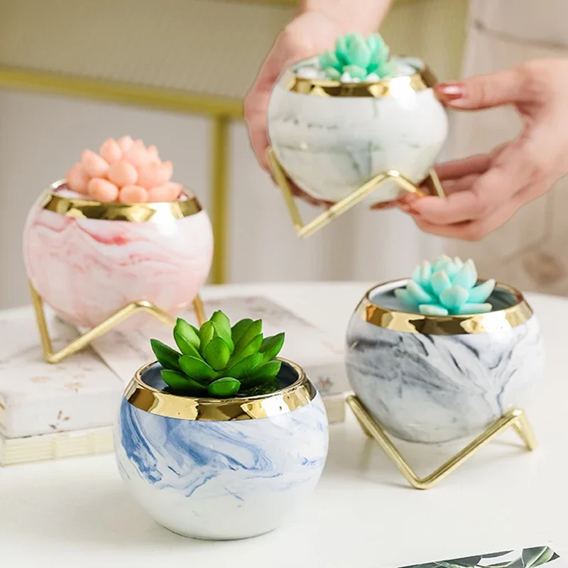 Nordic Creative Small Succulent Flower Pots Marble Pattern Gold Plant Pot Stand Ceramic Ball Flower Pots Home Decor Wholesale