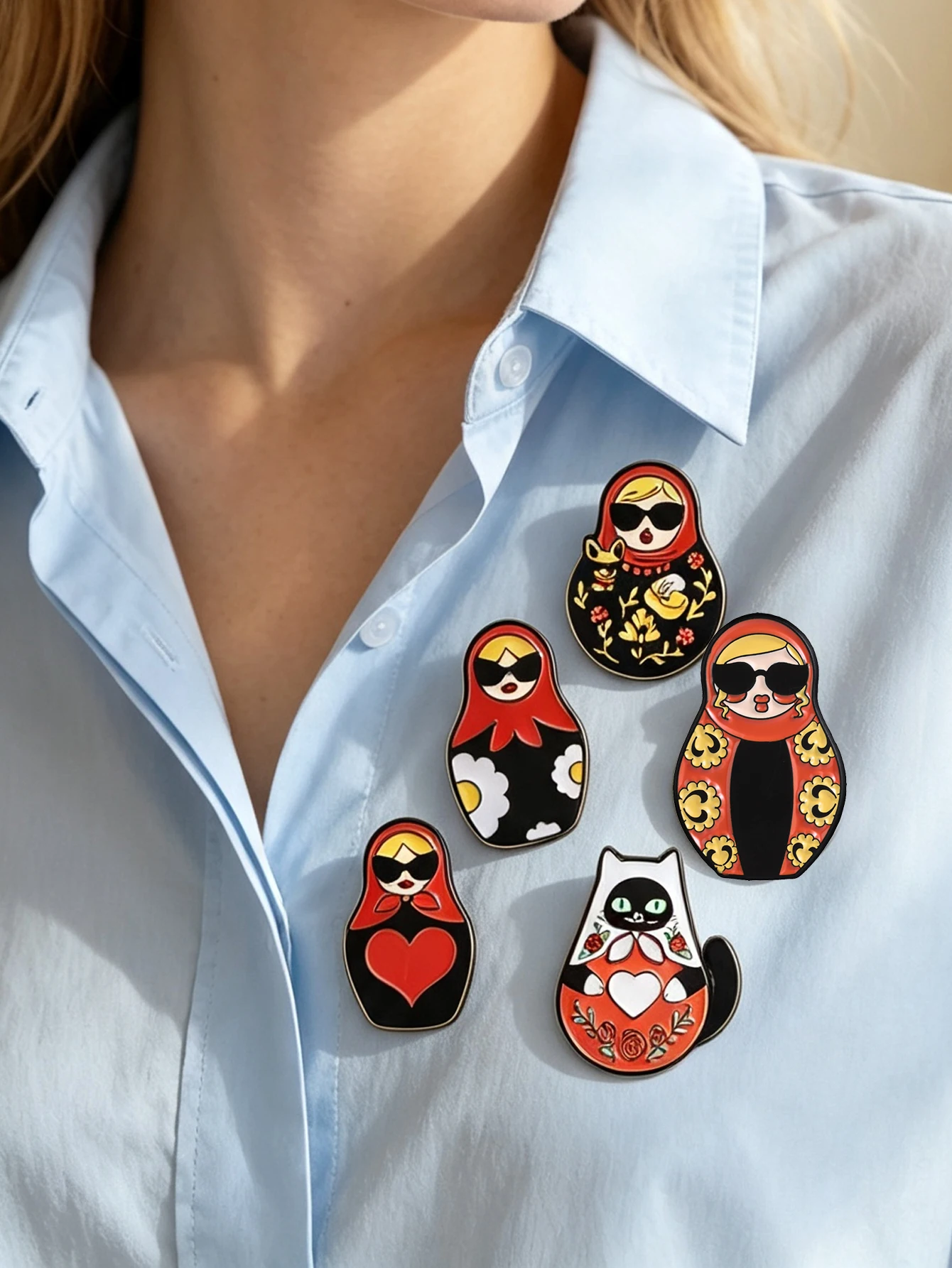 Russian Matryoshka Doll Enamel Pins Cool Sunglasses Nesting Doll Brooch Cute Black Cat Lapel Pin Backpack Decor Badge