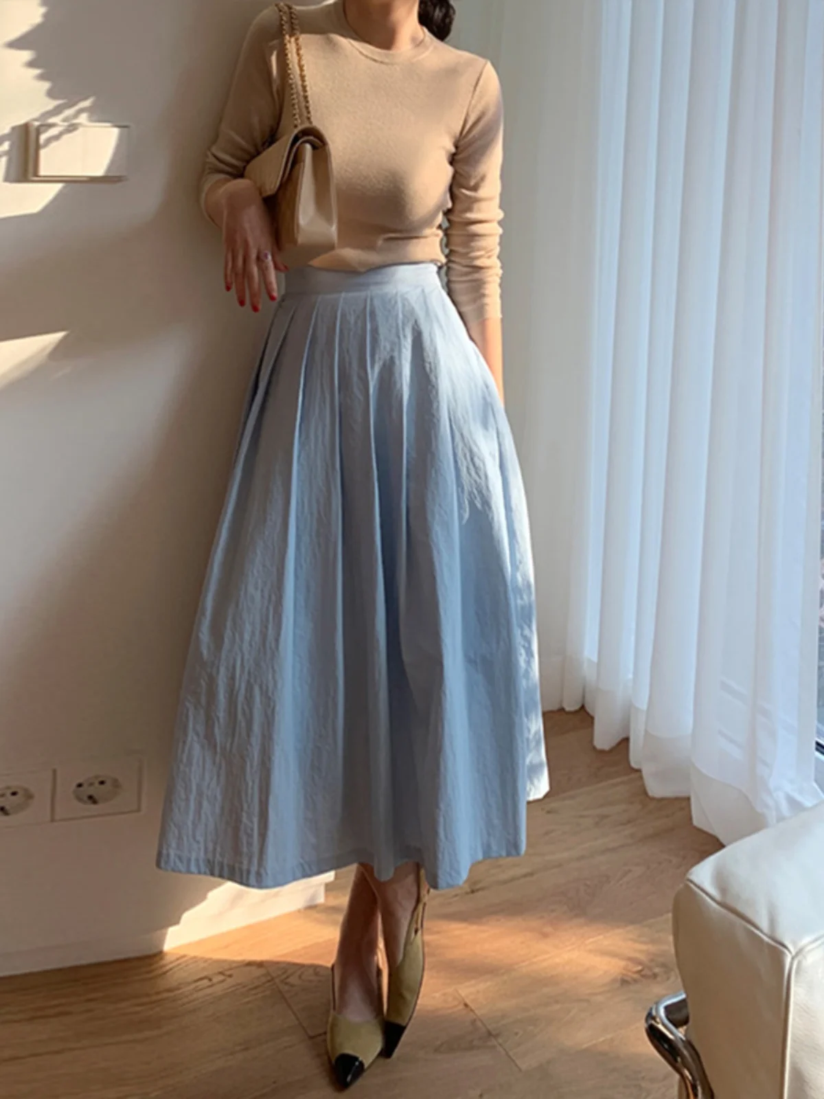 

Юбка миди А-силуэта с высокой талией, женская, весна-осень, плиссированная, повседневная, из полиэстера, без стрейча, на молнии