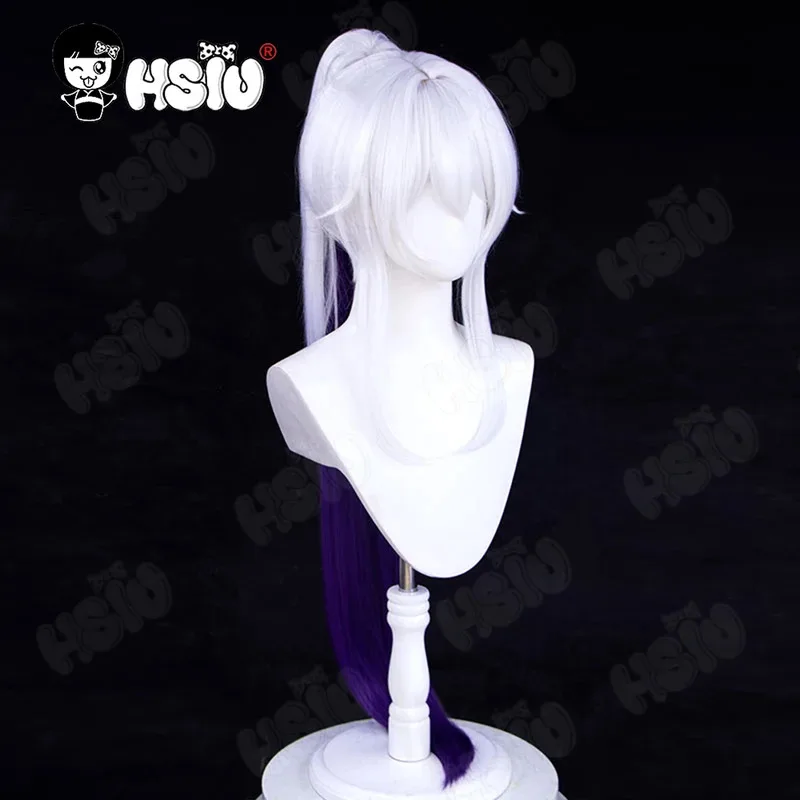 Kiana Kaslana Cosplay peluca juego Honkai Impact 3 Cosplay peluca HSIU 90Cm blanco mezclado púrpura cola de caballo pelo largo peluca sintética + gorro de peluca