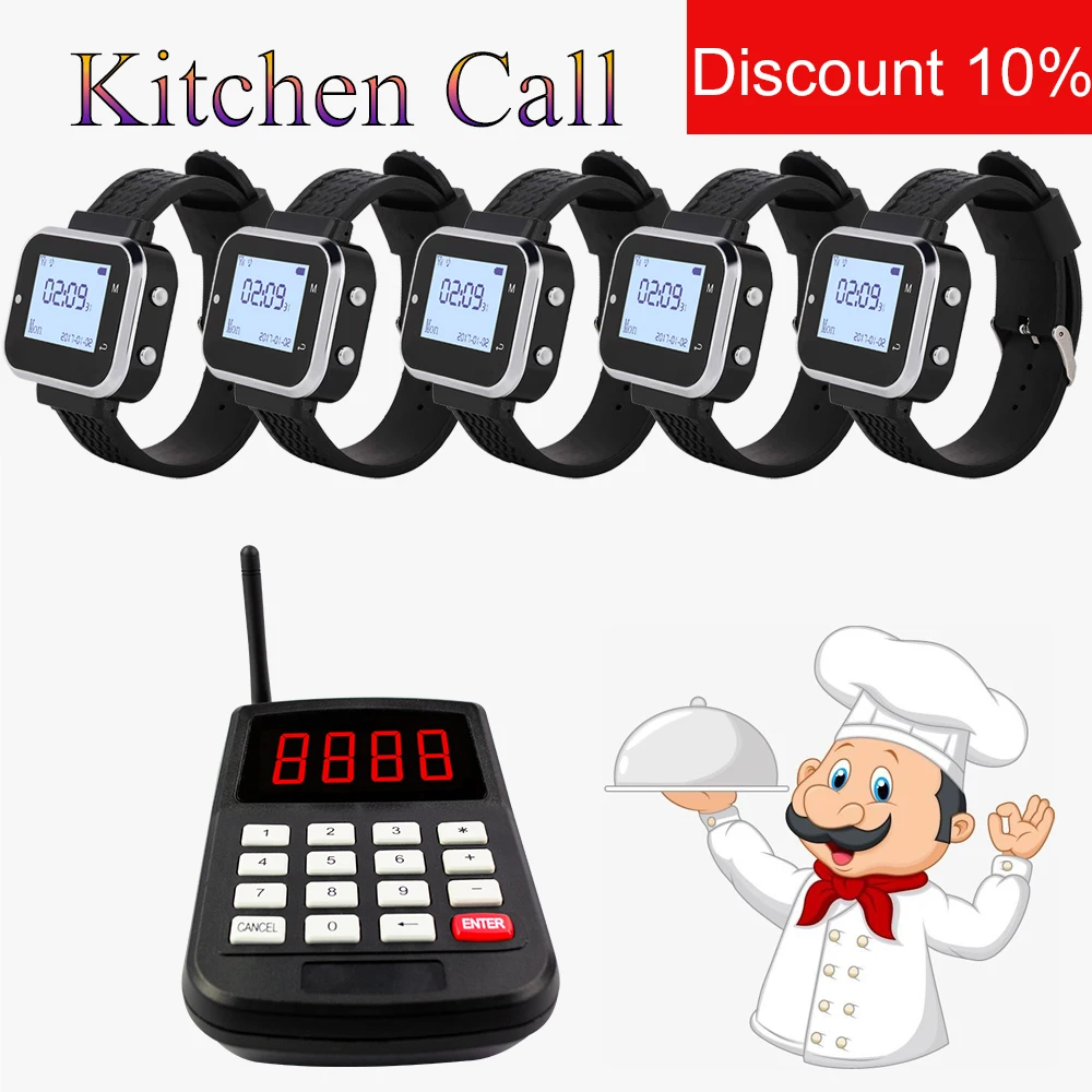 

JINGLE BELLS Wireless Kitchen Calling System ( 5 Watch Pager Receiver 1 Keyboard Transmitter fo Chef ) Restaurant Waiter