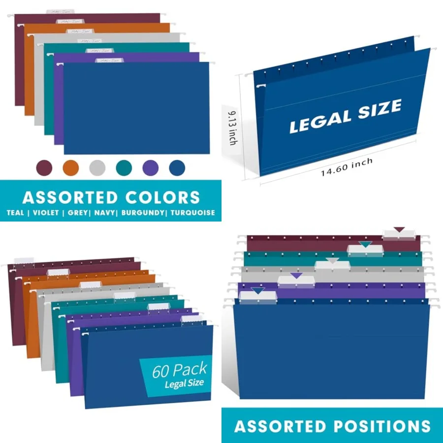 

Hanging File Folders, 60 Pack Reinforced Hanging Folders Legal Size, Designed for Bulky Files, Filing Cabinet, Adjustable Tabs,