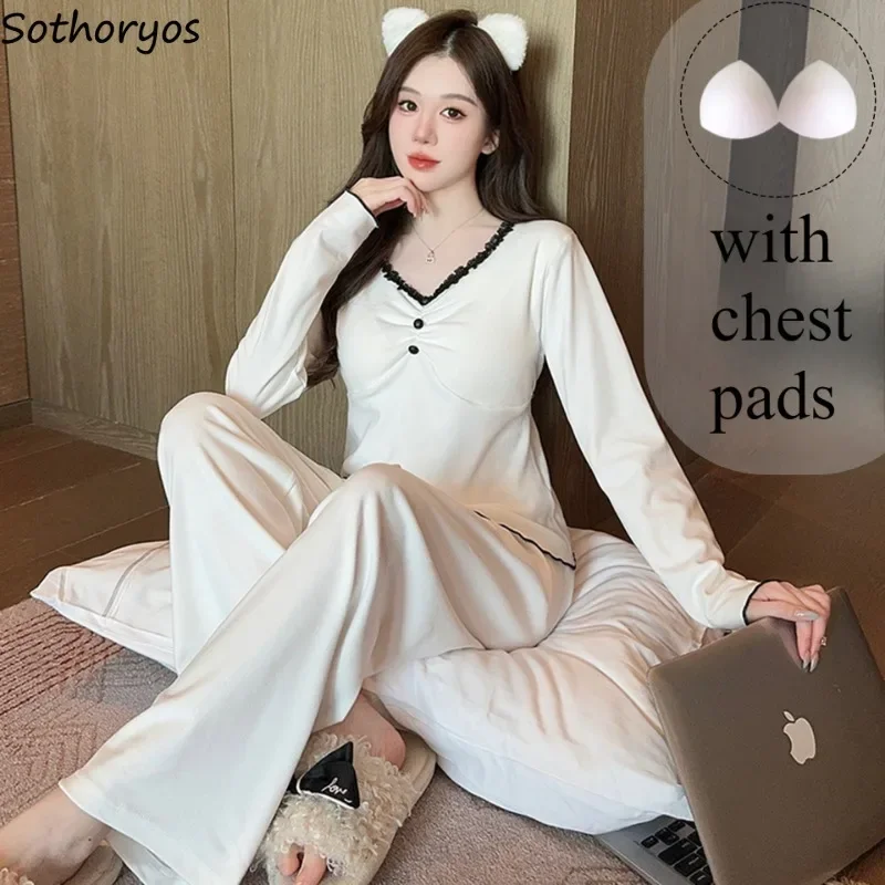 Pajama Sets Women V-neck with Chest Pads Ins Warm 2pcs Trendy Autumn Winter Homewear Slouchy Chic Korean Fashion Young Girlish