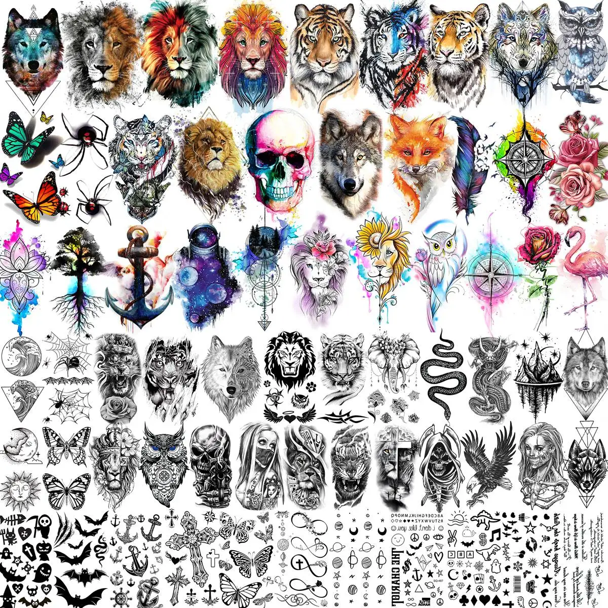 

66 Sheets 3D Watercolor Animals Owl Lion Temporary Tattoos For Women Men Adult, Black Wolf Tiger Fake Tattoo Sticker Snake Eagle