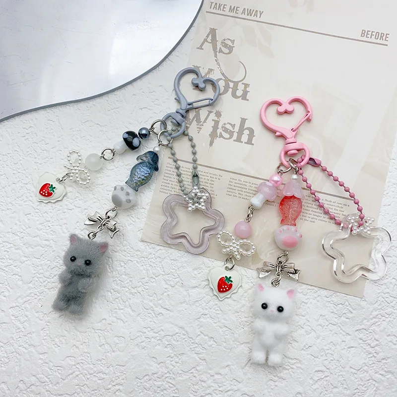 Cute Flocked Kitten Five-pointed Star Cat Paw Love Keychain Mobile Phone Chain Anti-Lost Lanyard Pendant Earphone Camera Chain