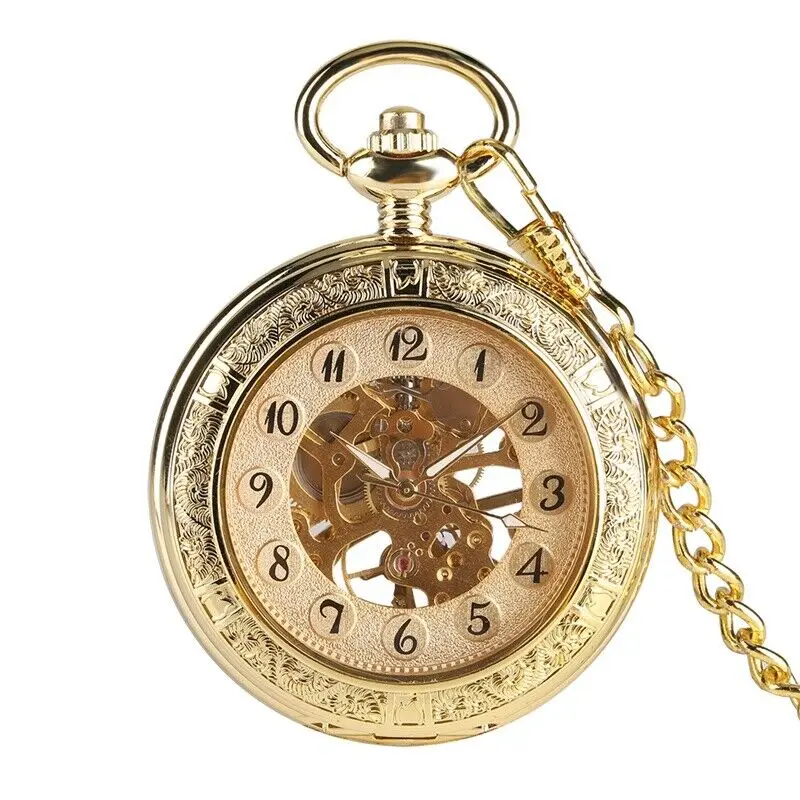 Men Vintage Mechanical Pocket Watch Windup Half Hunter Gold Arabic Numerals Gift