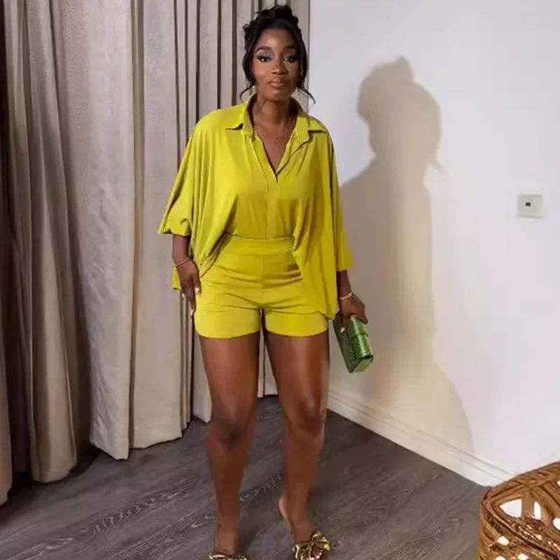 

Solid Elegant Two Piece Set for Women Spring Autumn Batwing Sleeve Loose Shirt Top and Shorts Casual Matching Sets Outfits