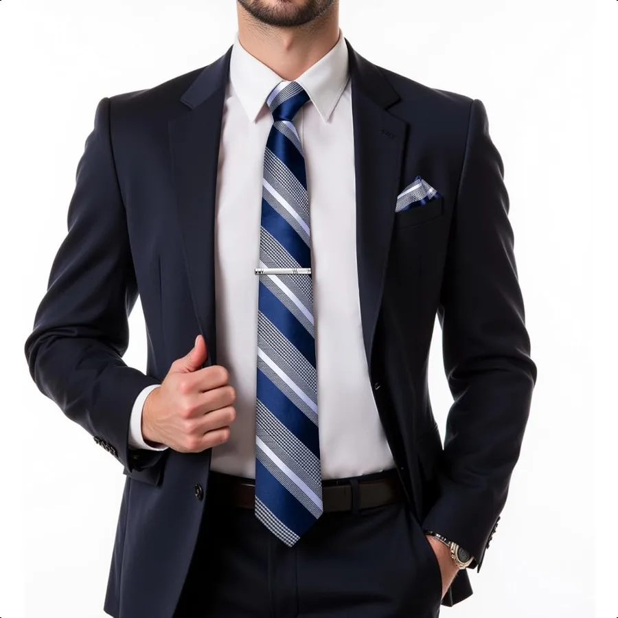 DiBanGu Mens Striped Tie Silk Woven Necktie and Pocket Square Cufflinks Tie Clip Set Wedding Business Formal Gift Tie for Men