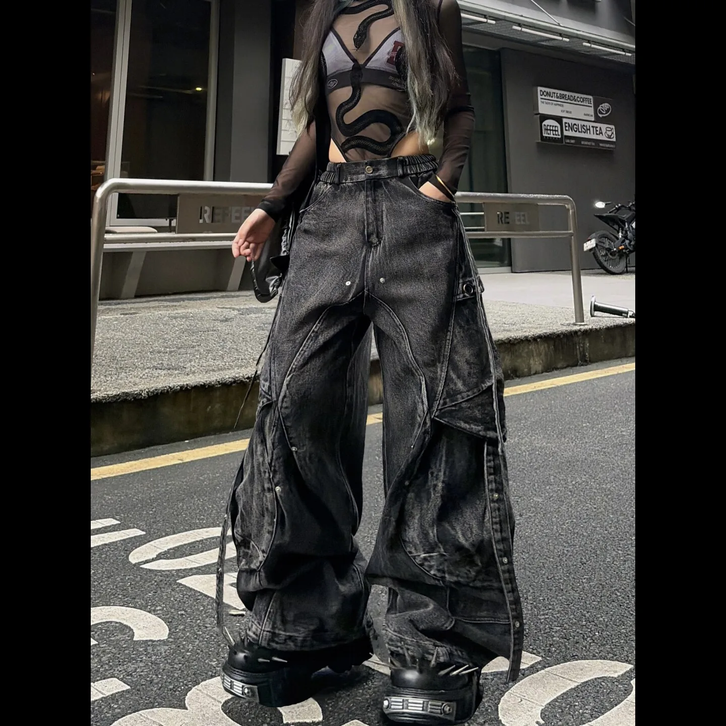 Womens Heavyweight Deconstructed Jeans Sculpted Cut Patchwork Denim Pants with Studs for Dark Punk Hip Hop Fashion Outfits
