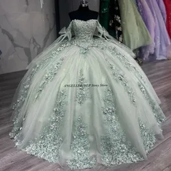 ANGELSBRIDEP Sage Green Big Bow Quinceanera Dresses Lace 3D Flower Beads Applique Lace Sweet 16  Vestidos De 15 Años customized