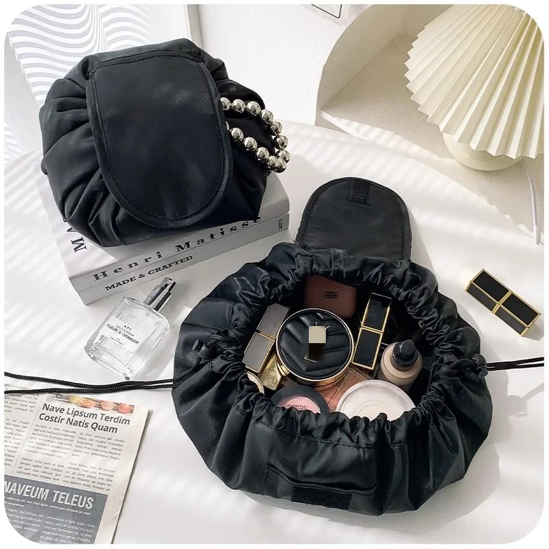 ins simple waterproof black large capacity drawstring cosmetic bag storage bag travel lazy buggy bag