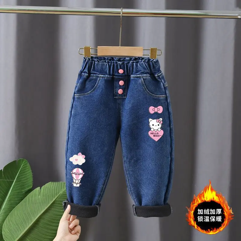 new Girls Jeans printing Cartoon elastic force Jeans Autumn Winter Plush thicken Jeans Kid Casual Style Children Clothing2-7Y