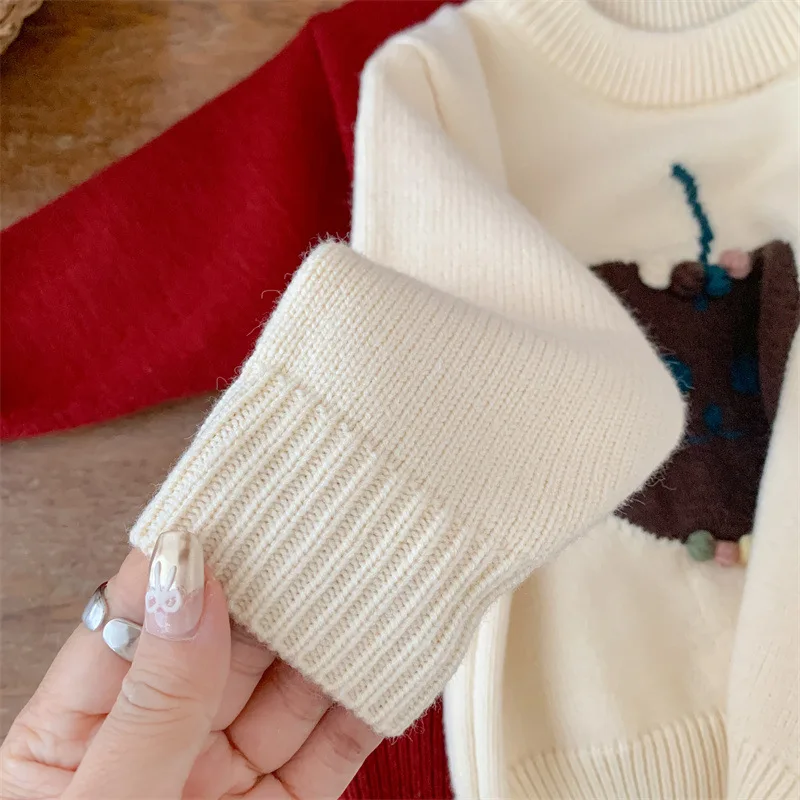 Autumn Winter Toddler Baby Girl Sweater Knitted Cute Apple Pattern Kid Girl Pullover Thicken Velvet Round Collar 1-6Y Girls Tops