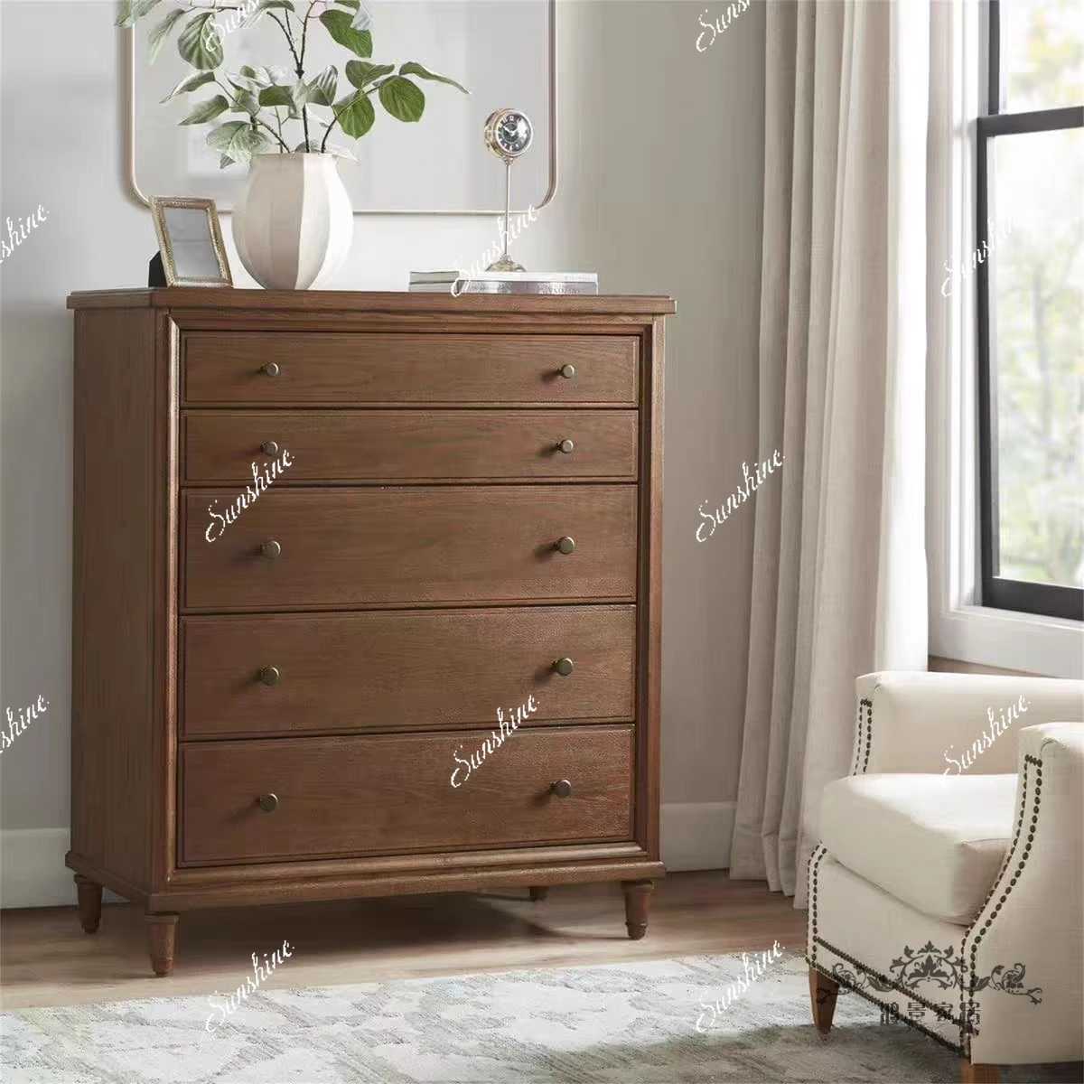 American retro solid wood six-bucket bedroom at the end of the bed, living room against the wall storage display high cabinet