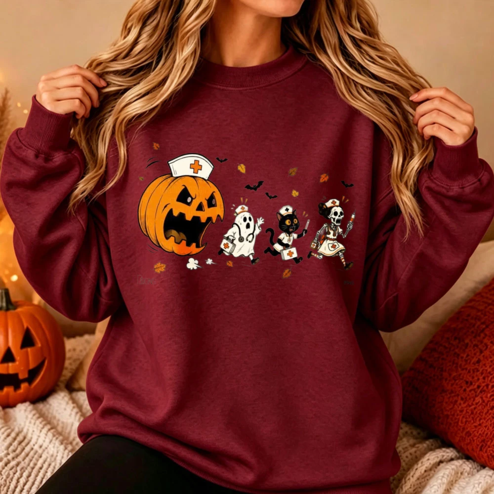 Halloween Nurse Pumpkin Ghost Black Cat Skeleton Running Print Pullover Medical Worker Spooky Graphic Casual Autumn Winter Tops