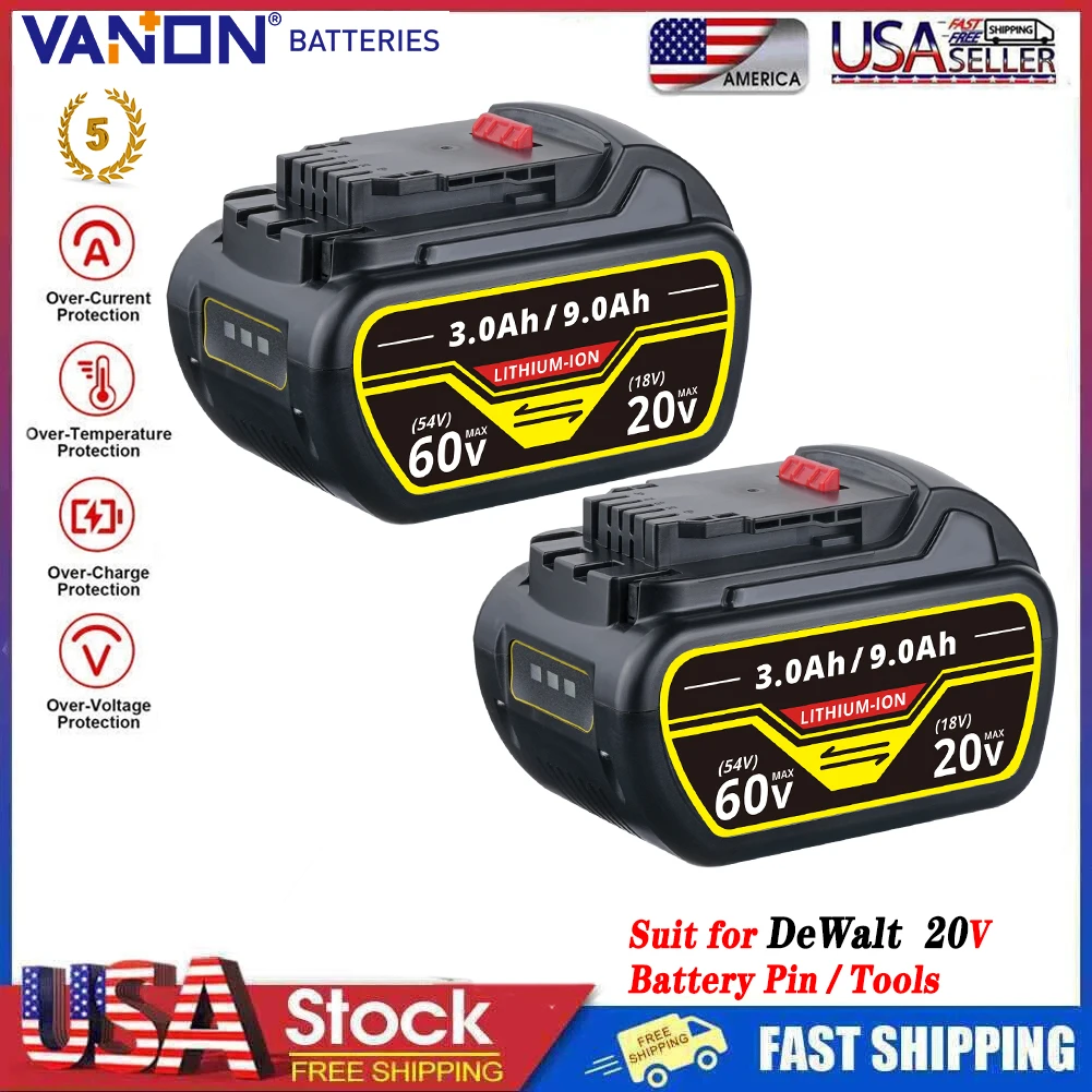 

VANON 2 шт. 9,0 Ач DCB606-2 замена для DeWalt 20 В/60 В MAX аккумуляторный штифт, совместимый с DeWalt Flex-Volt DCB609 DCB612 DCB609-2