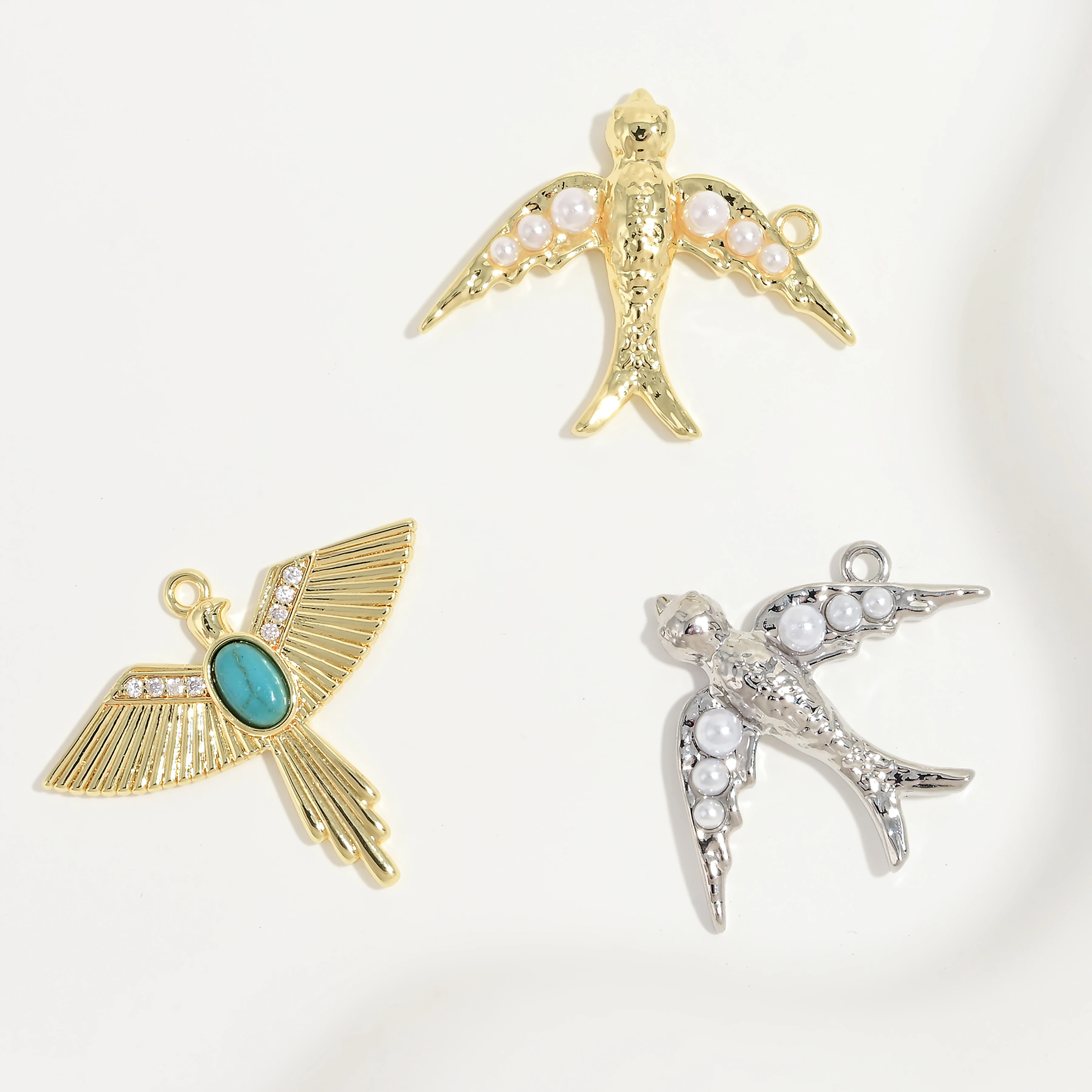 Bird Swallow Eagle Charms, 18K Gold Plated Imitation Pearl Turquoise Zircon Pendants for DIY Jewelry Making:VD2456 VD2457