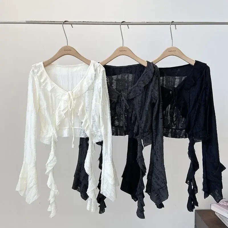 Crop Blouses 2026 Women's Clothes V-neck Flare Sleeve Bandage Shirts Crop Tops Camisas De Mujer Hollow Out Ruffles Summer Blouse