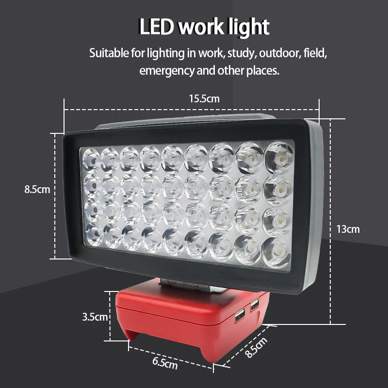 36 Beads LED Car Working Light Flashlight Electric Torch Spotlight USB Power Bank For Milwaukee 18V 48-11-1835 Li-ion Battery