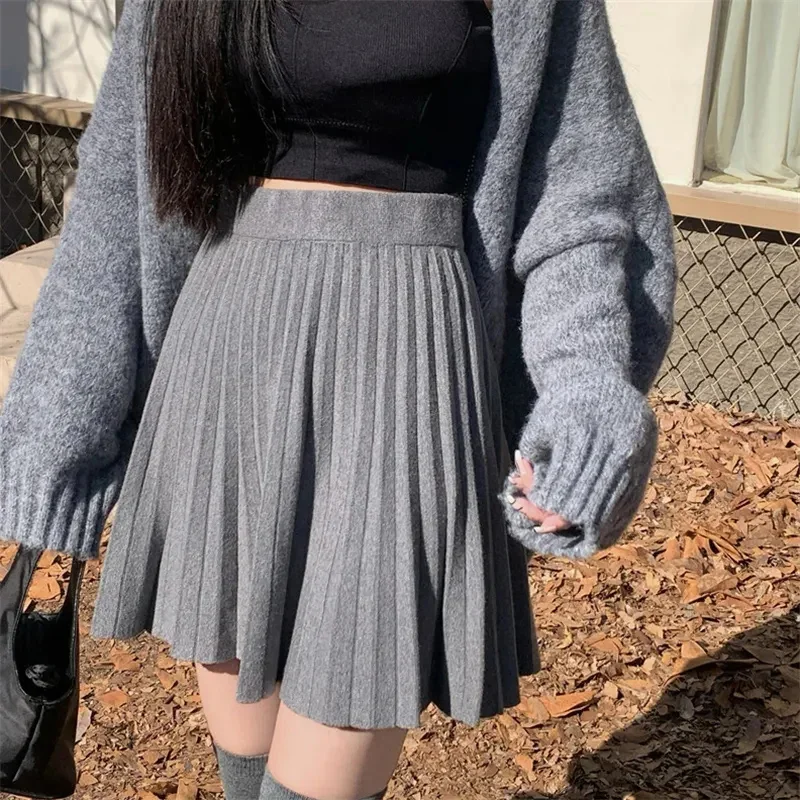 Autumn Winter Knitted A Line Skirts Women Korean Elastic High Waist Pleated Short Skirt Woman All Match Solid Color Mini Skirts