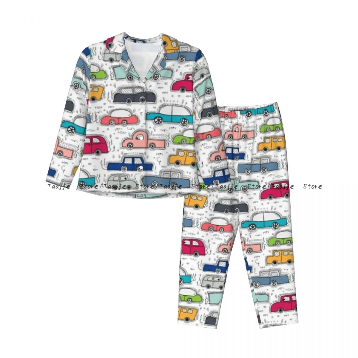 Spring and Autumn Pajama Set Women's Long Sleeve Pants Two Piece Hand Drawn Cars Background Home Furnishing Set