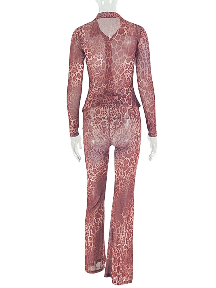 مجموعة غريبة شفافة من خلال قطعتين بلوزة نسائية بطبعة الفهد واحدة الصدر + سراويل ضيقة ملابس الشارع الشهير متطابقة #5