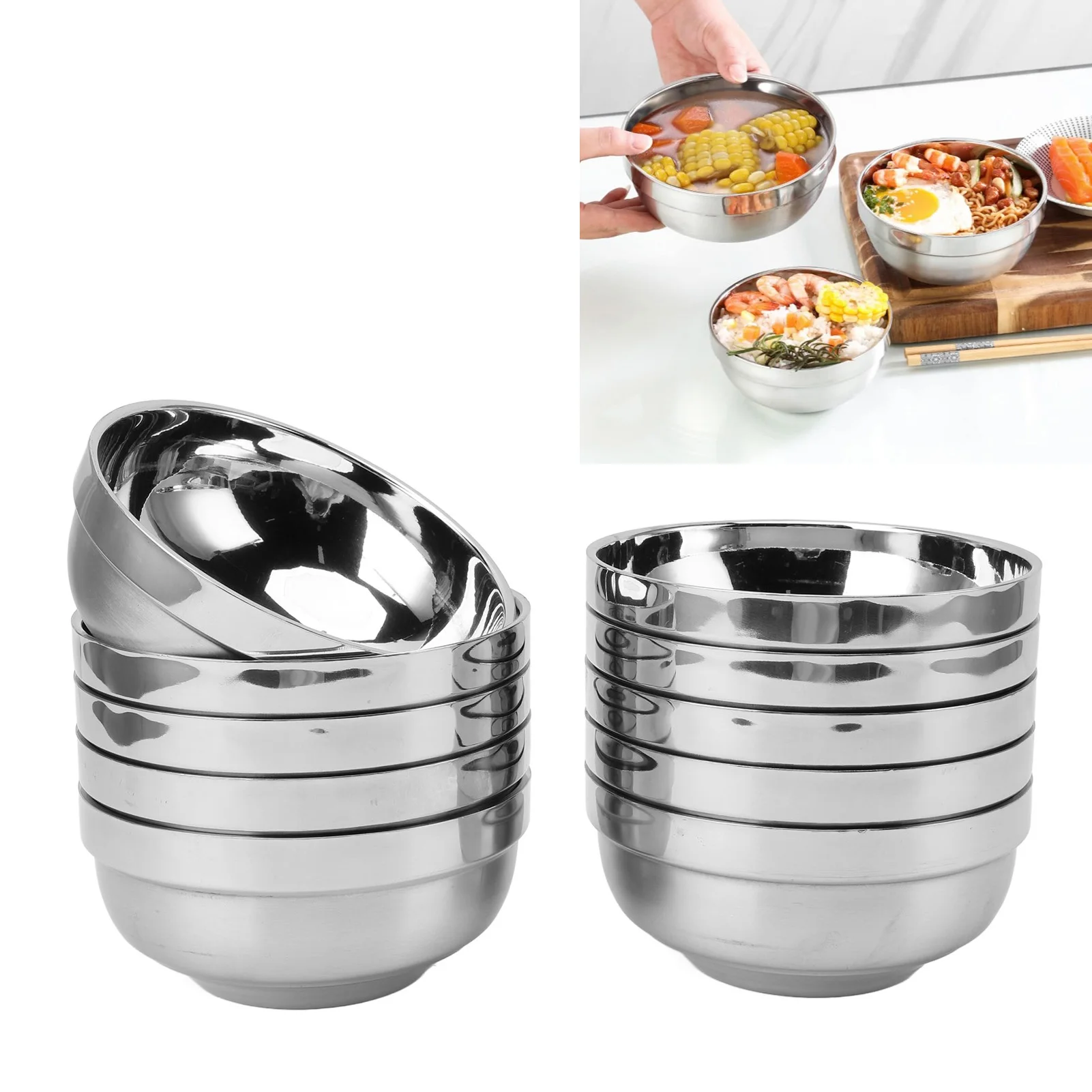 

10Pcs Stainless Steel Soup Bowl Sturdy Smoother Texture Double Walled Stainless Steel Rice Bowl Oxidation Resistant for School