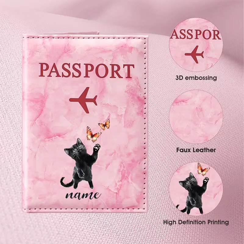 Custom Name Black Cat Butterfly PU Passport Holder, Minimalist Art Design, Custom Name, Durable PU Material Protects Passport