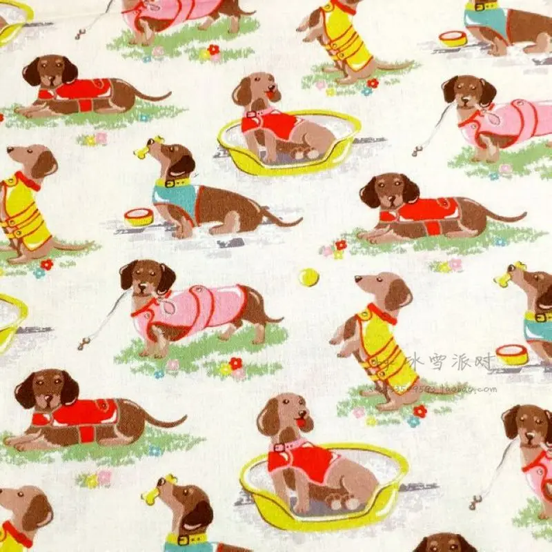 BE218 - BTY 1 Yard Cotton Woven Fabric - CK Style Cartoon Characters, Animal, British Pastoral, Dachshund Dog