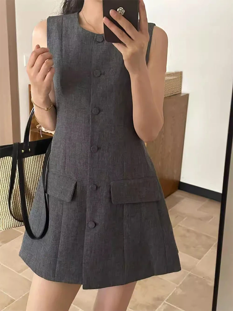 Liangliang Home Small Fraance Sle Single Button Svel Vest Dr Women Summer New Waist Cinching A-Line ort Skirt