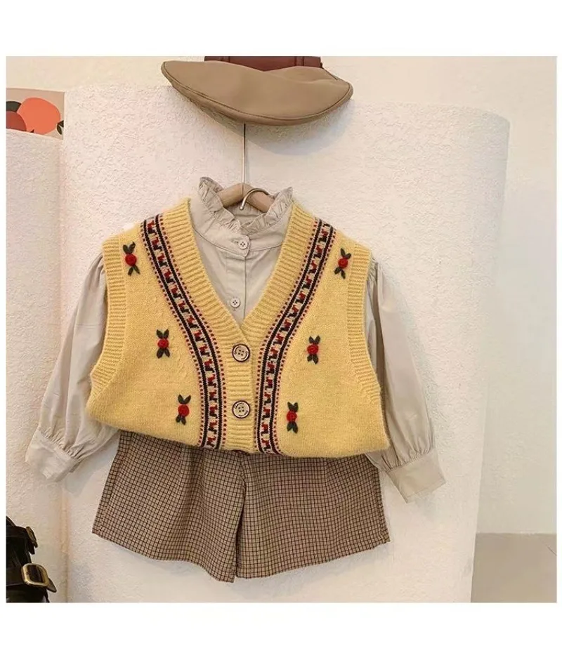 UNITIM 2026 Herbst Kinder Mädchen Strickweste V-Ausschnitt Stickerei Weste für Kinder Mädchen 2-8 Jahre Baby Mädchen Ärmelloser Pullover – Detail 12