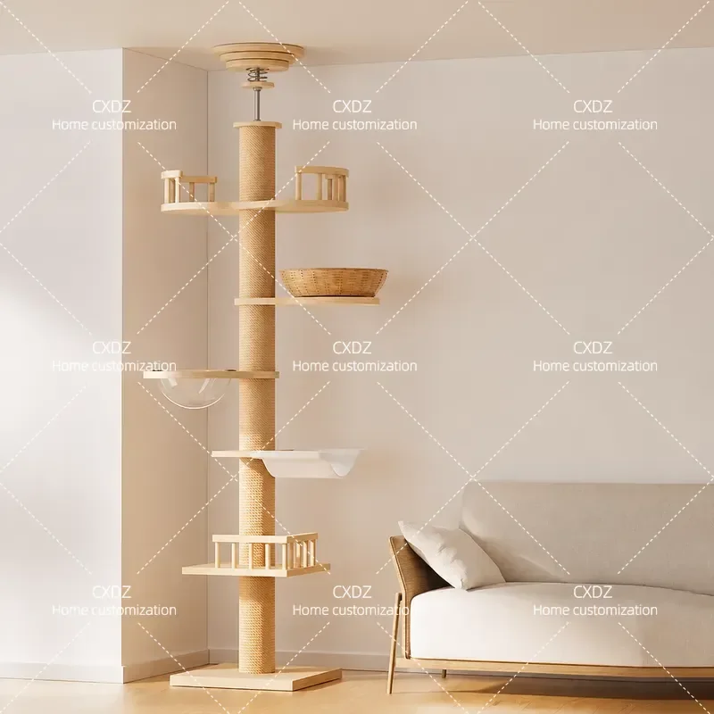 Cat Climbing Frame Multi Layer Solid Wood PVC Paper Tube Tower Space Saving Vertical Activity Tree for Indoor Pets
