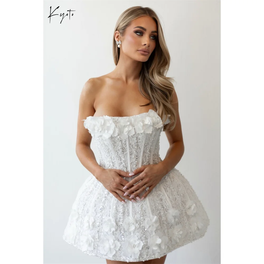

Kyoto Customized White Strapless Neck Wedding Dress Sleeveless 3D Flower vestidos de noiva Sexy A-Line Mini Evening Dress 2026