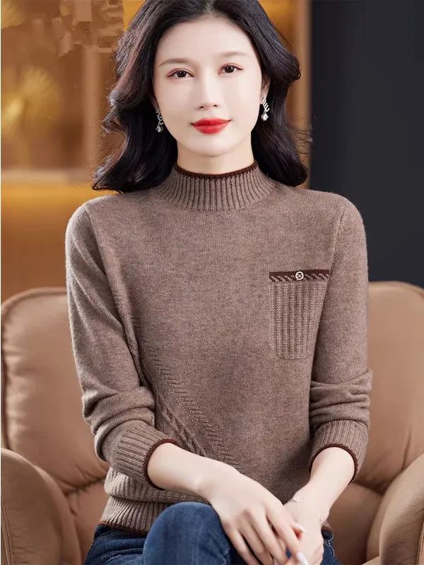 

Thickened Half-High Collar Casual Sweater Women's Fashionable Versatile Knitted Warm Base Layer Shirt for Autumn Winter