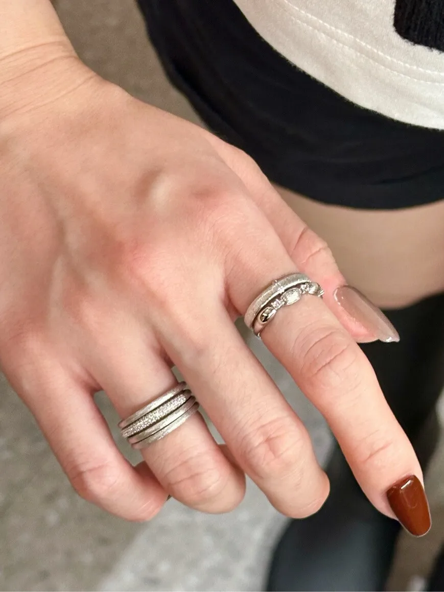 أربعة حلقات نجمة وميض الطريقة القديمة الرملي مطعمة بالألماس متعددة الحلقات متكاملة صلبة 925 فضية بسيطة راقية