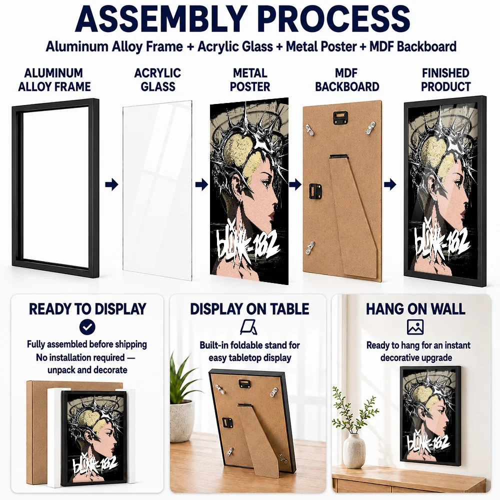 Blink-182 Woman Framed Metal Poster Customized Comic Style Wall Art For Listening Lounge And Home Studio, Record Collector Gift
