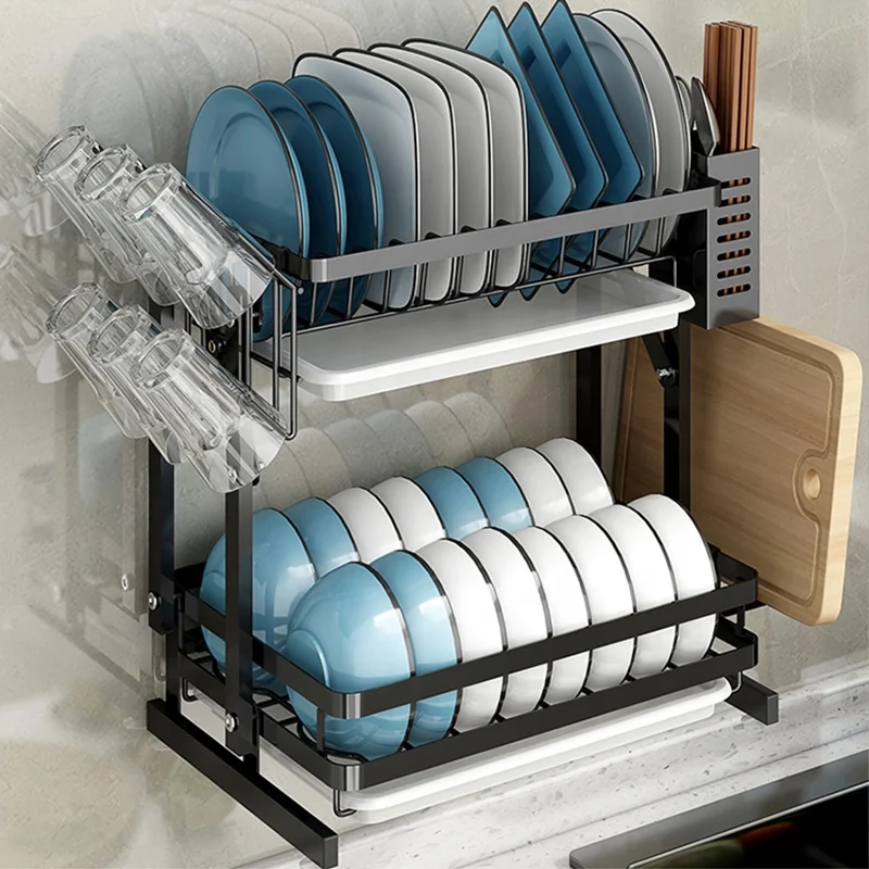 Double-layer stainless steel kitchen storage unique wall hanging foldable 2-layer pull-out drying tray drying rack shelf