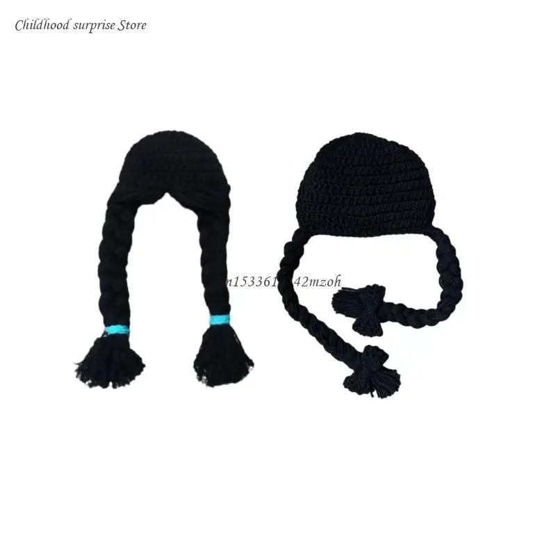 0-6M Girl Hat Hand Knitted with Double Braids Baby Autumn Winter Fashion Dropship