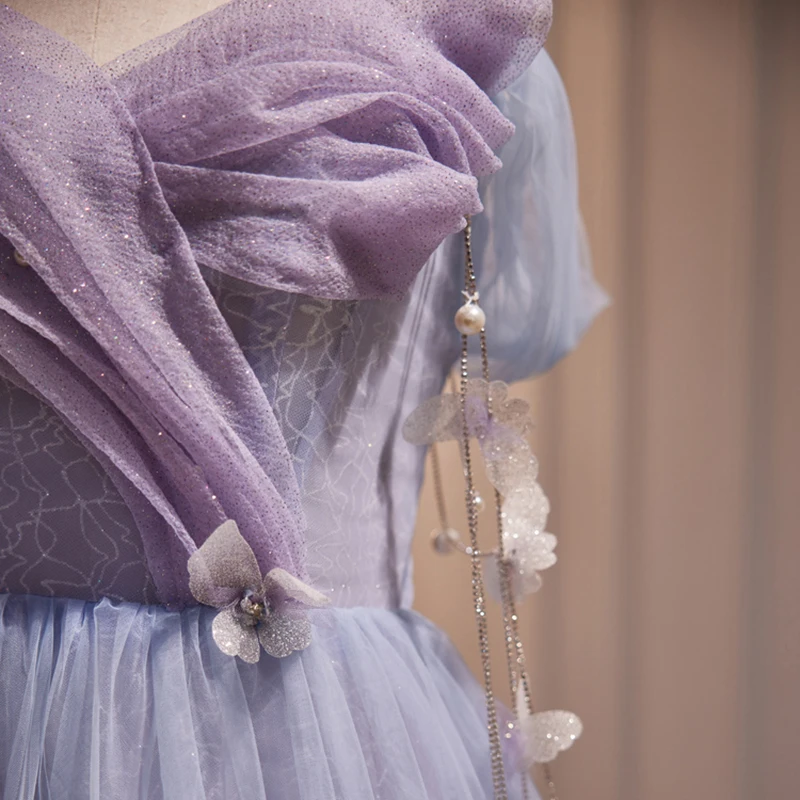 AnXin SH Prinzessin Lila Spitze Blume Perlen Kristall Schmetterling U-Boot-Ausschnitt Schnürung große Schleife eine Linie maßgeschneidertes Abendkleid