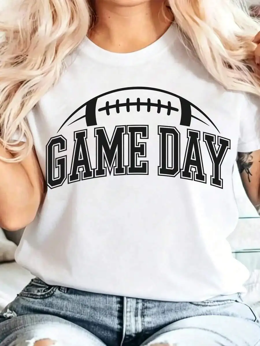 Women's Casual Fall T-Shirt, Crew Neck Short Sleeve Cotton Tee With Football Game Day Print, Great Game Day Gift Idea For Everyday Leisure Outfit