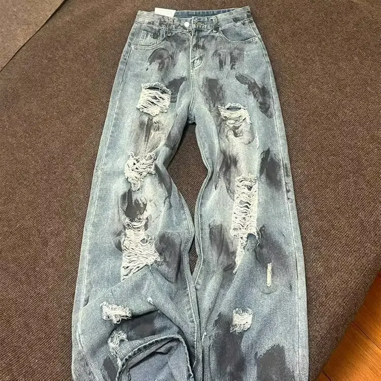 

Американские винтажные рваные джинсы унисекс: летний дизайн, прямые и широкие брюки свободного кроя для мужчин и женщин